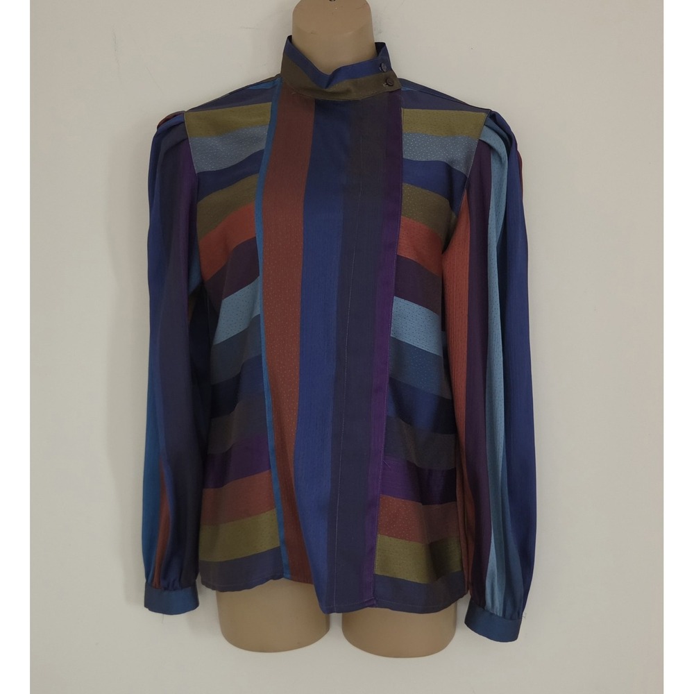 Vtg Regina Porter High Neck, Pleated Sleeve Blouse Bold Strips Size 10